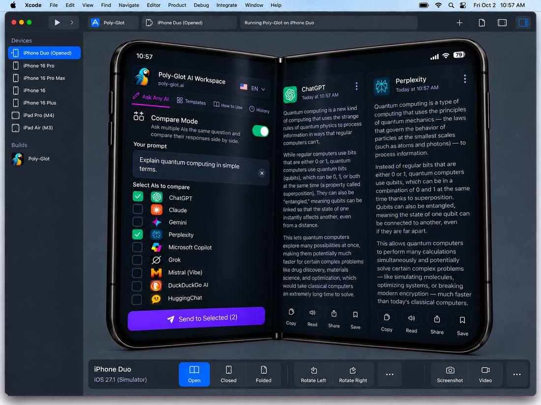 Poly-Glot AI Workspace Compare Mode shown in the iPhone Duo Xcode simulator